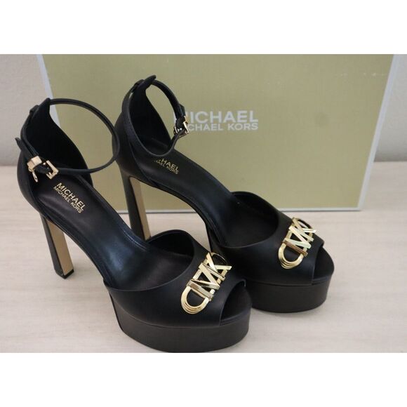 Michael Kors Women's Sz 8M Black Leather Martina 5" Peep-Toe Platform Pumps - Picture 1 of 11